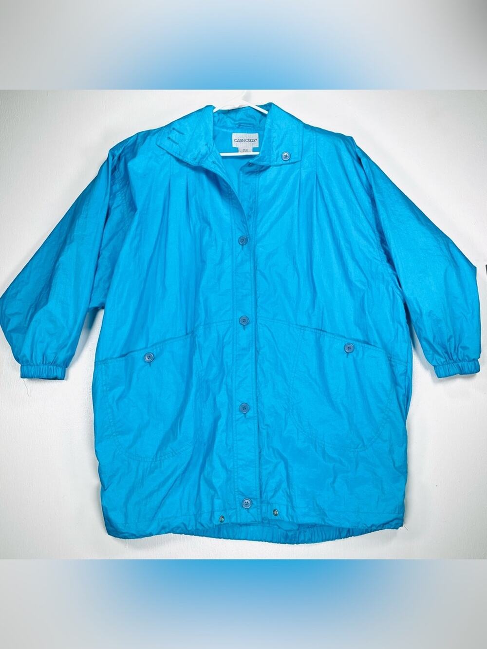 Vintage Turquoise Bright Blue Nylon Windbreaker Jacket Pleated Coat OS Raincoat